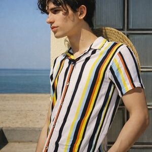 ISLAND HAZE Striped Short Sleeve Button Up Resort Shirt Vacation Mens M EUC